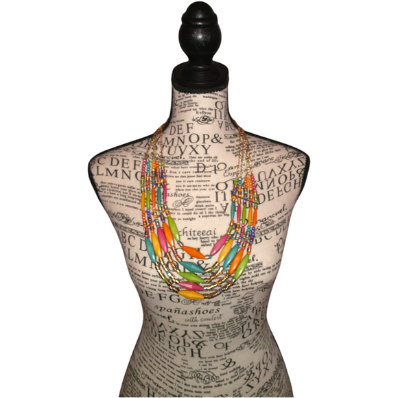 Multicolor 5-tier Statement Necklace Gold Tone 26.5" Pretty Spring  Summer - Picture 5 of 8